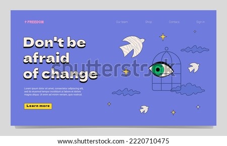 A landing page template with an eye in a cage around it, birds and clouds, a symbol of change, creativity, development, breaking patterns, improving talents.