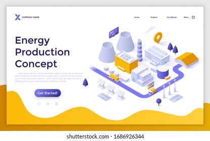 Plantilla de página de aterrizaje con edificios de fábricas o plantas, torres de refrigeración, turbinas eólicas, sistema de energía solar. Concepto de producción de energía eléctrica. Ilustración vectorial isométrica moderna para sitio web.