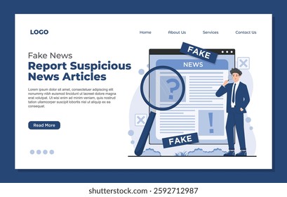 landing page template Fake news concept illustration showing hoax information misinformation spreading digital newspaper