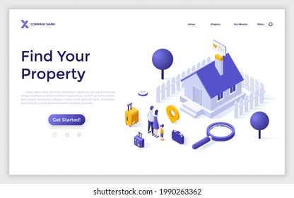Landing page template with family moving into new house or cottage and magnifier. Concept of buying home, search for real estate, finding property. Modern isometric vector illustration for website.