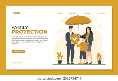 Landing page template for family protection insurance, showcasing a family under an umbrella with a shield symbolizing safety, care, and financial security for loved ones