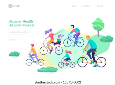 Landing page template with family riding bicycles, man waving his hand, mother riding bicycles with child. People cycling outdoor activities concept at park, healty life style. Cartoon illustration