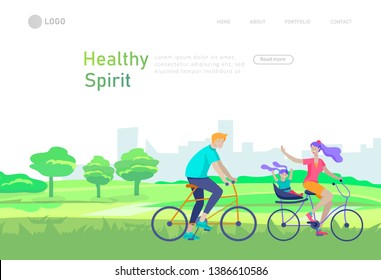 Landing page template with family riding bicycles, woman waving his hand, mother riding bicycles with child. People cycling outdoor activities concept at park, healty life style. Cartoon illustration