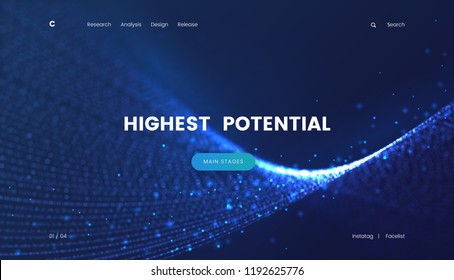 Landing page template with a fantastic blue particles scifi background, can be used for electronics startup, internet technology and futuristic cyberspace theme web sites. Header for website. Vector