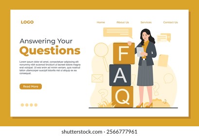 Landing page template for FAQ section, Frequently asked questions designed to provide quick answers and support