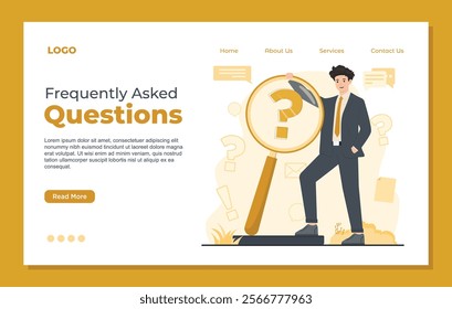 Landing page template for FAQ section, Frequently asked questions designed to provide quick answers and support