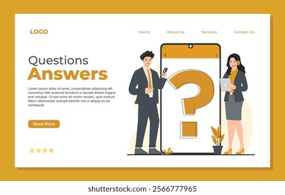 Landing page template for FAQ section, Frequently asked questions designed to provide quick answers and support