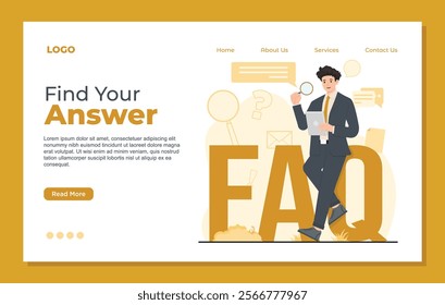 Landing page template for FAQ section, Frequently asked questions designed to provide quick answers and support