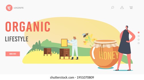Plantilla de página de inicio. Producción de Eco de Agricultores en la Granja de la apicultura. Carácter Extrayendo Miel De Canola De Rapeseed, Producción Apiaria. La Beekeeper Tomando Honeycomb. Ilustración de vectores de personas de caricatura