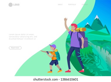 Landing page template with Father with son are hiking. Family performing sports outdoor activities at park or Nature. Cartoon illustration