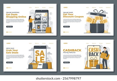 Landing page template featuring cashback, discount coupons, and mega sale deals for online shopping