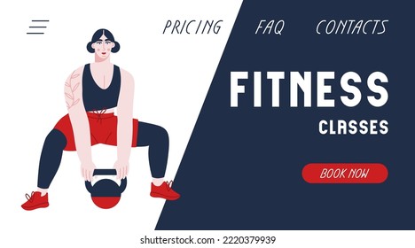 Landing page template with female athlete lifting metal kettlebell. Fitness classes website banner. Vector flat illustration for gym, sport training