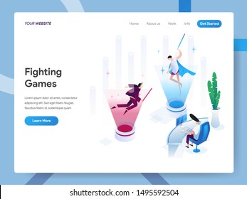 Landing page template of Fighting Games Isometric Illustration Concept. Modern design concept of web page design for website and mobile website.Vector illustration EPS 10
