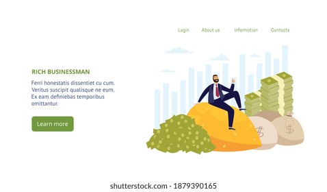 Landing page template with financially successful rich businessman. Millionaire sitting on gold pile, near with bags full of dollars and stacks of banknotes. Vector illustration.