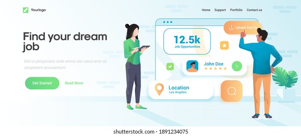 Landing page template of Find your dream job. Team of young people working together in modern workspace. Modern flat design concept of web page design for website and mobile website