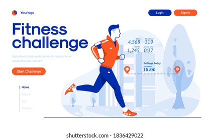 Landing page template of Fitness Challenge app. Young man running and measure fitness data. Modern flat design concept of web page design for website and mobile website. Easy to edit and customize