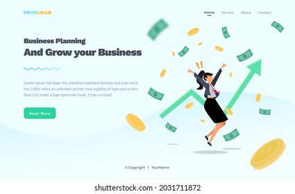 Plantilla de página de aterrizaje con ilustración de carácter plano Growing Business, puede utilizarse para imprimir, publicitar, medios sociales, infografía, etc