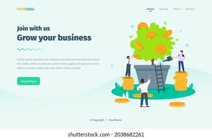 Plantilla de página de aterrizaje con carácter plano, ilustración de plantas y monedas Growing Business Utilizado para web, app, infografía, publicidad, etc