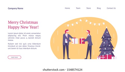 Landing page template with flat concept office christmas celebration, happy businessmen in santa hats, team celebrates new year, website homepage, corporate party, vector illustration