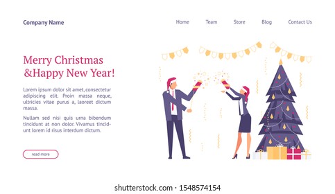 Landing page template with flat concept office christmas celebration, happy businessmen in santa hats, team celebrates new year, website homepage, corporate party, vector illustration