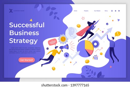 Landing Page Template With Flying Office Workers, And Ascending Arrow Chart. Successful Business Strategy, Strategic Development And Growth Of Company. Modern Flat Vector Illustration For Website.