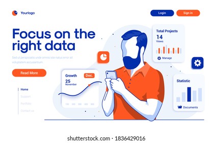 Landing page template of Focus on the right data. Young man manage data on his smartphone. Modern flat design concept of web page design for website and mobile website. Easy to edit and customize