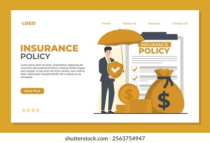 Landing page template focusing on insurance policies, with detailed documents, shields, and financial symbols, emphasizing secure agreements and financial planning