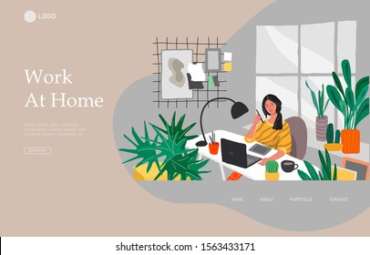 Landing page template with Freelancer designer girl working in nordic style home office with cat. Daily life and everyday routine scene by young woman in scandinavian style cozy interior. Cartoon