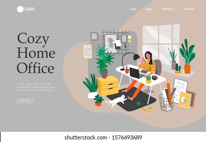 Landing page template with Freelancer designer girl working in nordic style home office with cat. Daily life and everyday routine scene by young woman in scandinavian style cozy interior. Cartoon