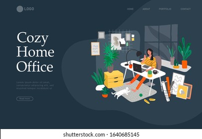 Landing page template with Freelancer designer girl working in nordic style home office with cat. Daily life and everyday routine scene by young woman in scandinavian style cozy interior. Cartoon