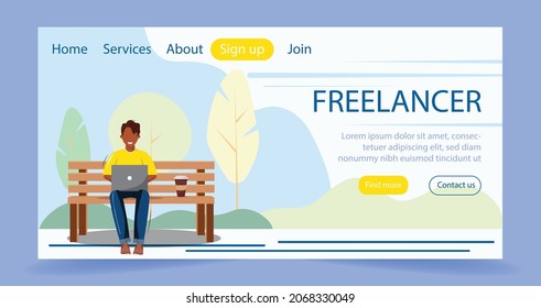 Landing Page Template with Freelancer. Man sitting on the bench in the park and working from a laptop. Happy dark skin man working outdoor. Freelance, remote work concept illustration. 