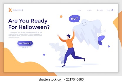 Landing page template with frightened man running from flying spook, phantom, monster. Concept of Halloween celebration, holiday surprise with scary ghost. Modern flat vector illustration for website.