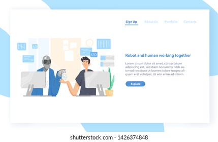 Landing page template with funny robot and man sitting at computers and working together at office. Cooperation and support between human and android. Modern flat vector illustration for website.