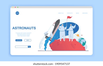 Landing page template with funny waving astranauts, flying space shuttle and planets of the solar system on the background. Flat cartoon vector illustration. Website, webpage template or layout