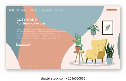 Landing page template of furniture store. Cozy home interior in Scandinavian with houseplant. Stock vector illustration in flat cartoon style.