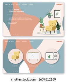 Landing page template of furniture store. Cozy home interior in Scandinavian with houseplant. Stock vector illustration in flat cartoon style.