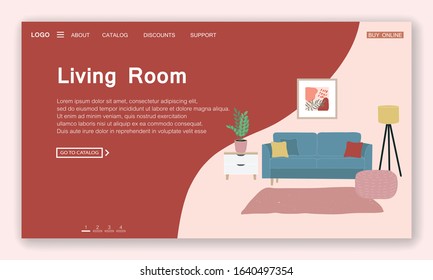 Landing page template of furniture store. Furniture for living room. Cozy home interior in Scandinavian with houseplant. Stock vector illustration in flat cartoon style.