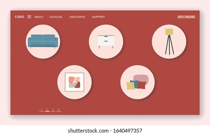 Landing page template of furniture store. Furniture for living room. Cozy home interior in Scandinavian with houseplant. Stock vector illustration in flat cartoon style.