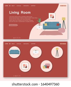 Landing page template of furniture store. Furniture for living room. Cozy home interior in Scandinavian with houseplant. Stock vector illustration in flat cartoon style.