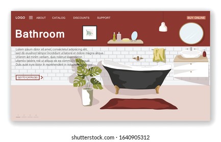 Landing page template of furniture store. Furniture for bathroom. Cozy home interior in Scandinavian with houseplant. Stock vector illustration in flat cartoon style.