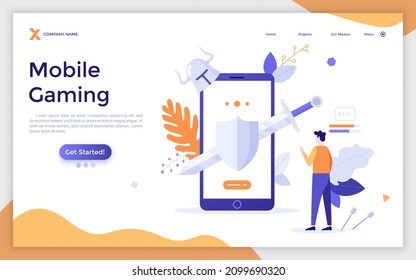 Landing page template with gamer standing in front of phone with knight's sword, shield and helmet on screen. Concept of mobile gaming app for smartphones. Modern flat vector illustration for webpage.