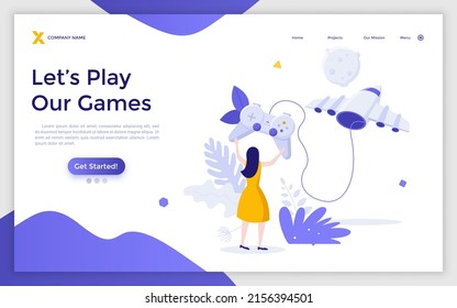 Landing page template with gamer using gamepad to control flying spaceship or spacecraft. Concept of playing online video games, space flight simulator. Modern flat vector illustration for website.