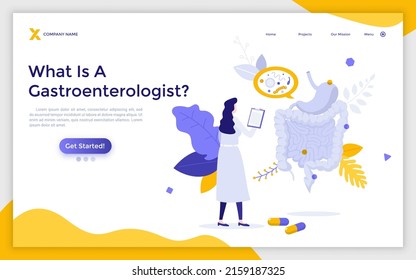 Landing Page Template With Gastroenterologist Or Doctor Or Physician Looking At Gastrointestinal Tract. Concept Of Gastroenterology, Digestive System Disease Diagnostics. Flat Vector Illustration.