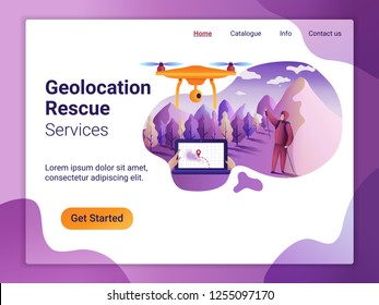 Landing page template of geolocation concept. The Flat design concept of web page design for a mobile website.  Drone fly over the landscape and makes the search for the missing.