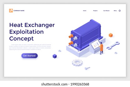 Landing page template with giant battery or heater and man using control panel. Concept of heat exchanger exploitation, innovative technology for heating and cooling. Isometric vector illustration.