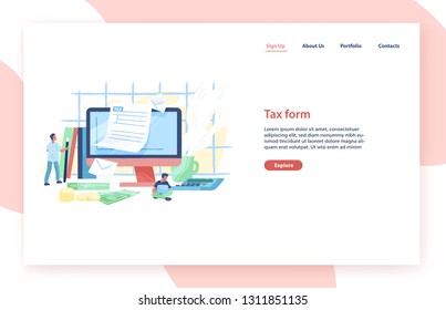 Landing page template with giant computer, tiny people or taxpayers sitting beside and filling in tax form, money bills and coins. Personal taxation. Flat vector illustration for advertisement.