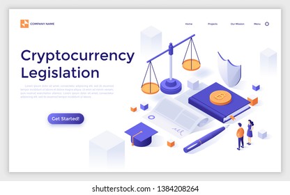 Landing page template with giant paper agreement, bitcoins, scales of justice and tiny people. Cryptocurrency legislation, legal protection of blockchain technology. Isometric vector illustration.