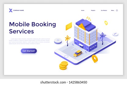 Landing page template with giant smartphone, building, dollar coins. Modern isometric vector illustration for advertisement of touristic mobile application or online hotel booking service website.