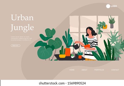 Plantilla de página de aterrizaje con Chica cuidando plantas de casa en el jardín urbano con gato. La vida diaria y la rutina diaria escena de la joven en un interior de estilo escandinavo y acogedor. Vector de dibujos animados