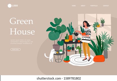 Landing page template with Girl caring for house plants in urban home garden with cat. Daily life and everyday routine scene by young woman in scandinavian style cozy interior. Cartoon vector